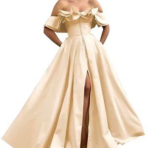 Champagne Dress for Women Satin Formal Evening Gowns with Slit